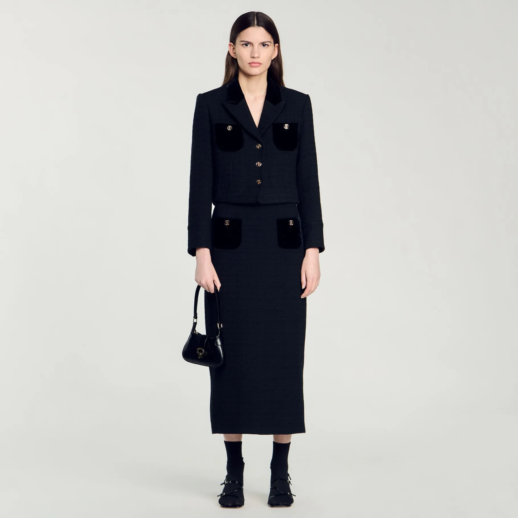 Outlet SANDRO Veste Courte En Tweed Velours Noir