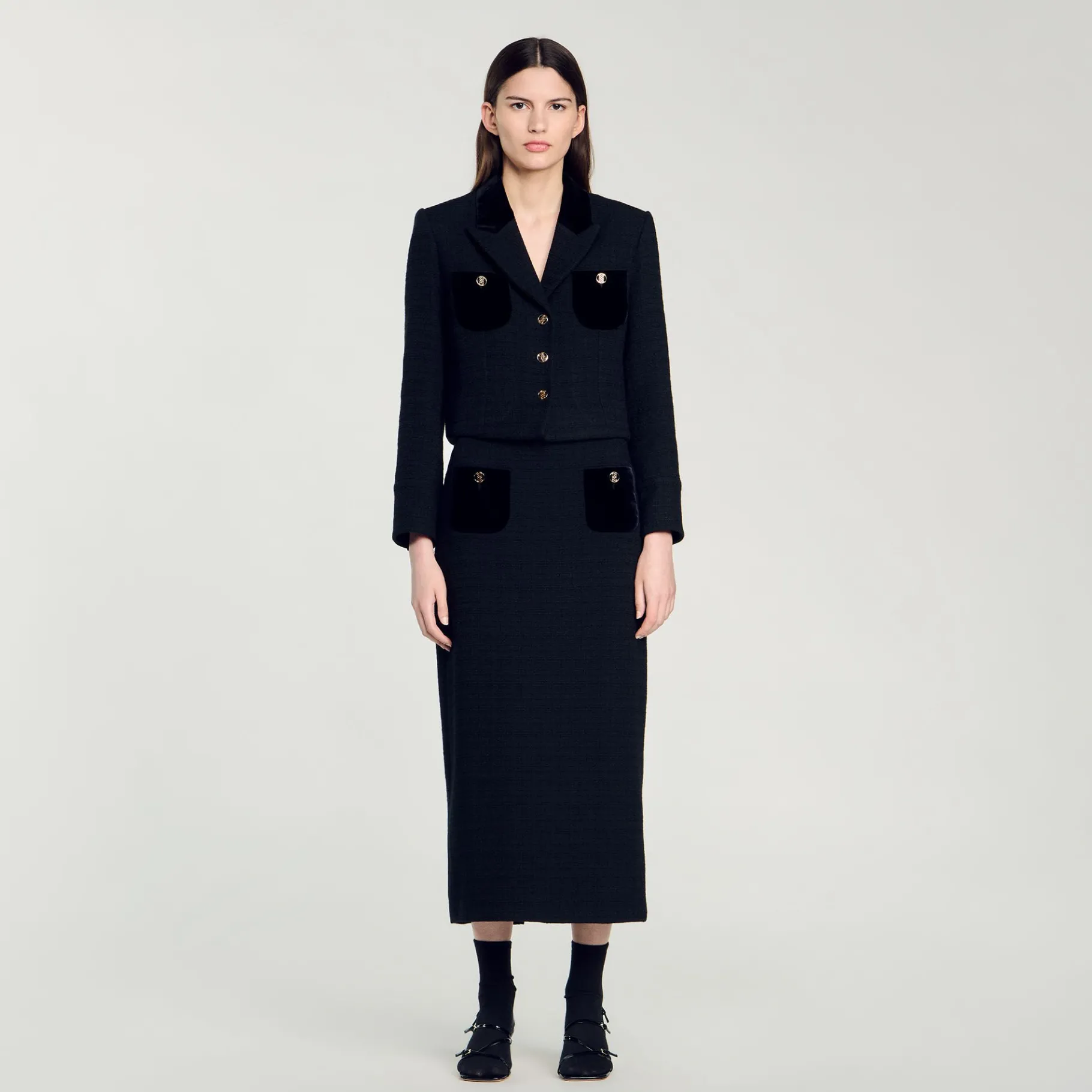 Outlet SANDRO Veste Courte En Tweed Velours Noir