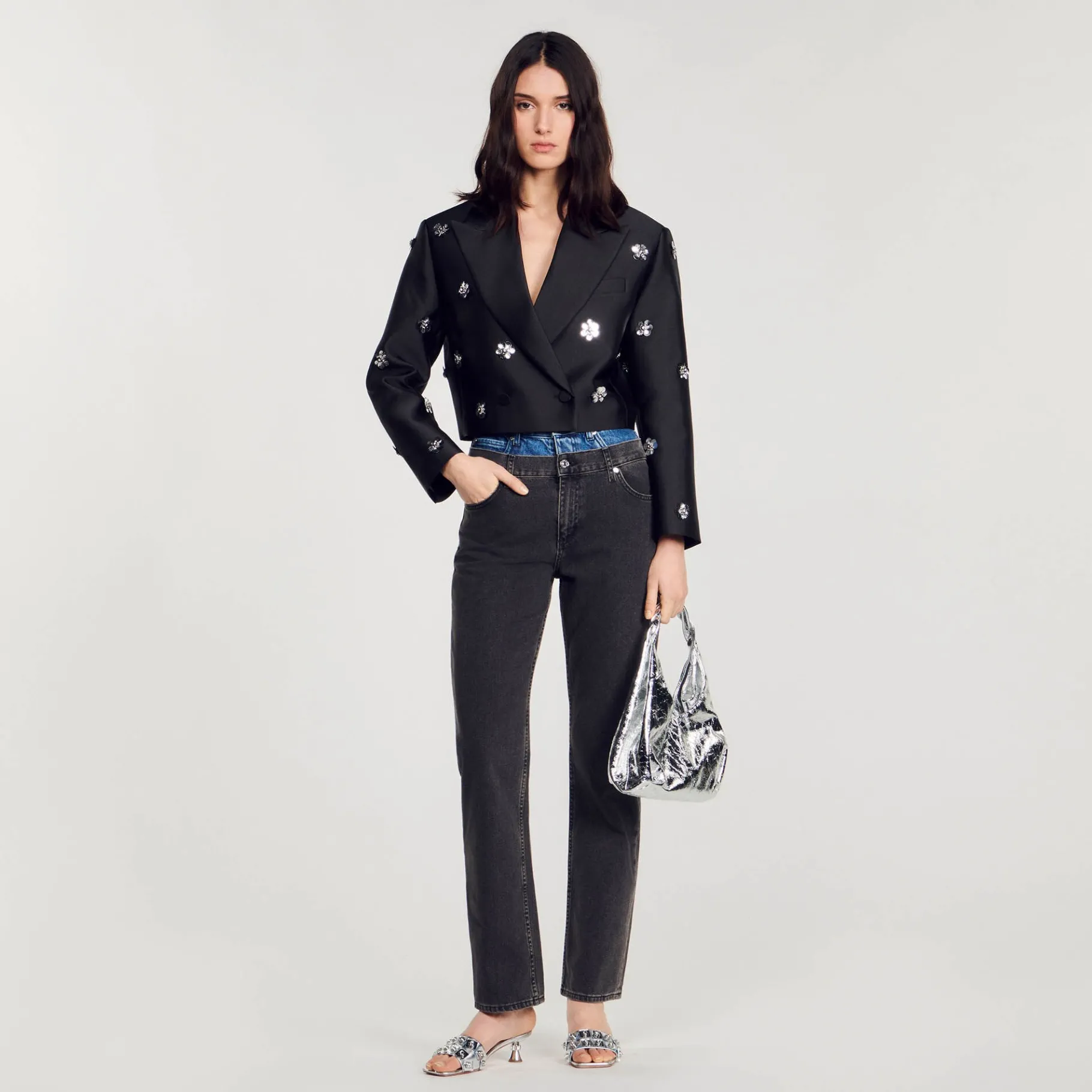 Cheap SANDRO Veste Courte Satinée Ornée De Fleurs Noir
