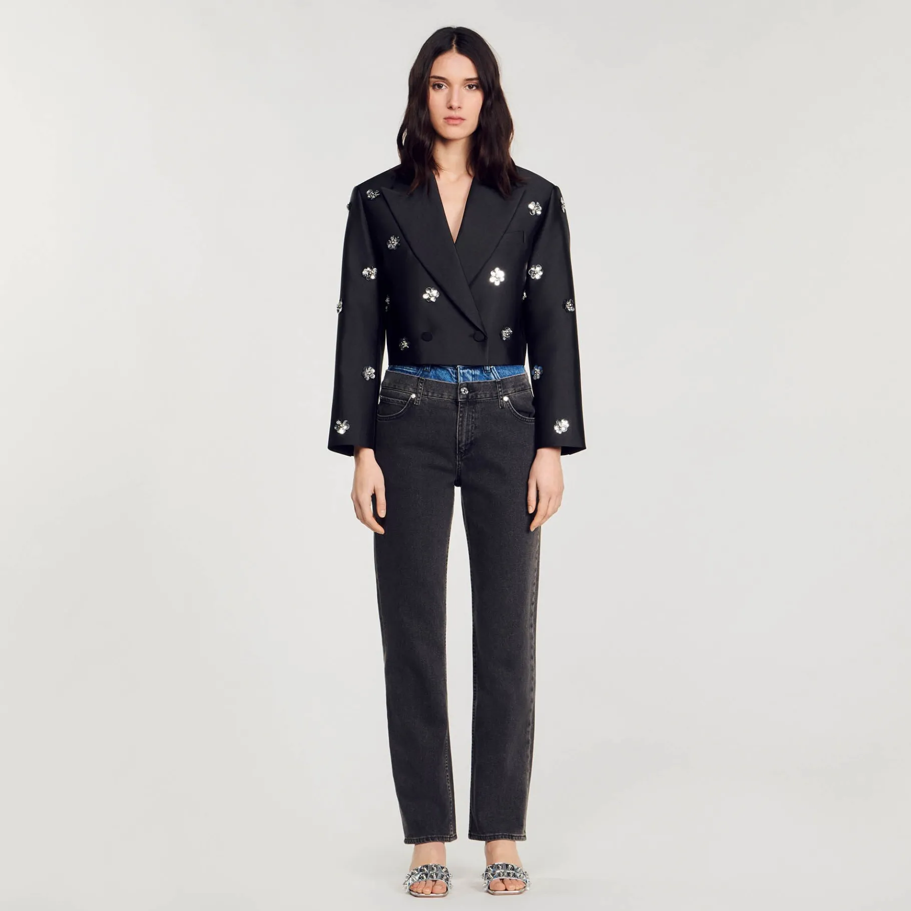 Cheap SANDRO Veste Courte Satinée Ornée De Fleurs Noir