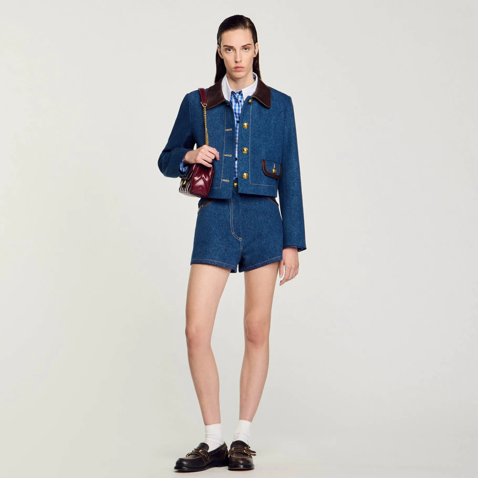 Cheap SANDRO Veste En Jean à Col En Cuir Bleu