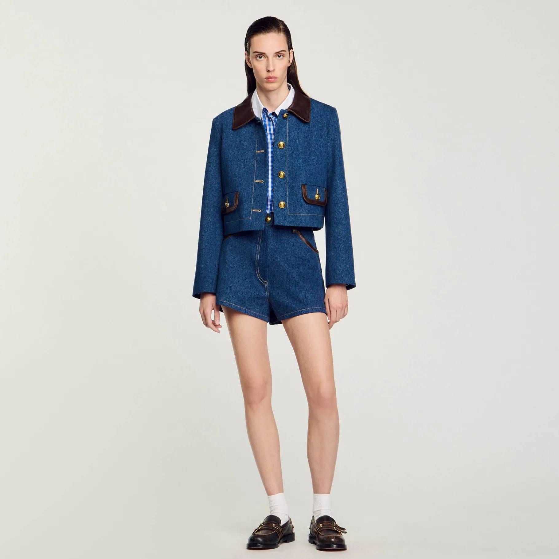 Cheap SANDRO Veste En Jean à Col En Cuir Bleu
