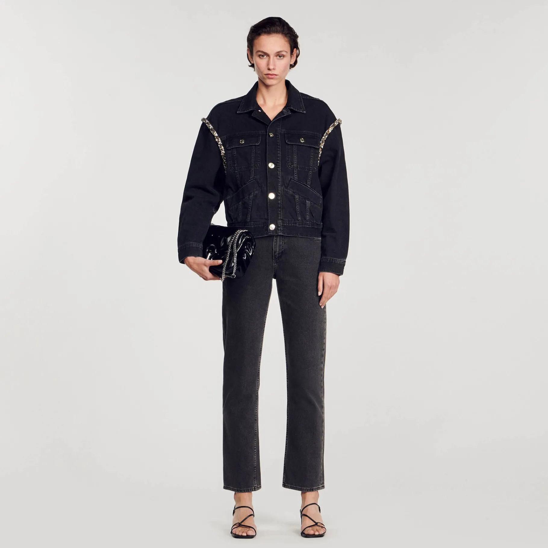 Hot SANDRO Veste En Jean Oversize Strassée Noir