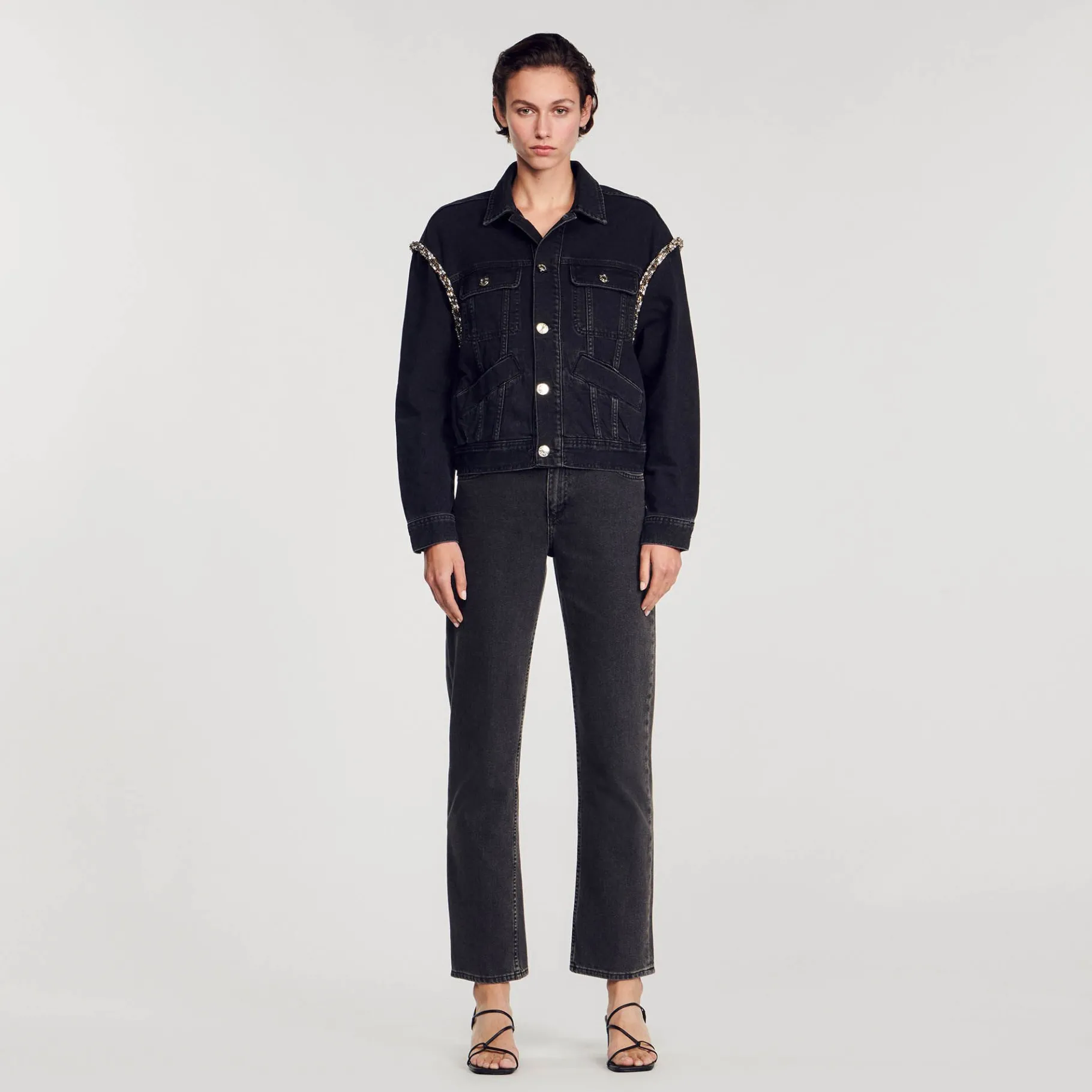Hot SANDRO Veste En Jean Oversize Strassée Noir