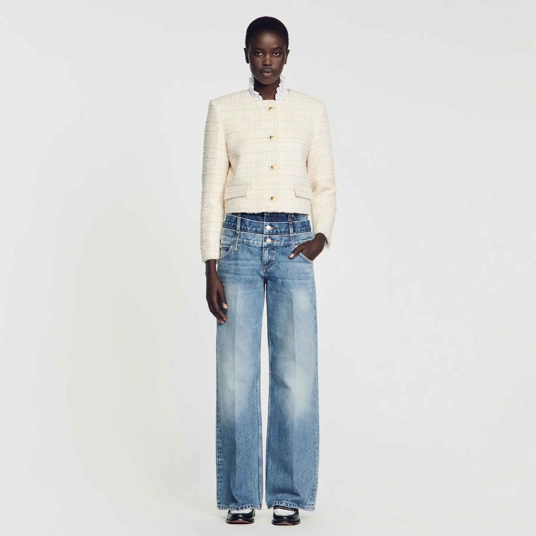 Shop SANDRO Veste En Tweed Ecru / Or