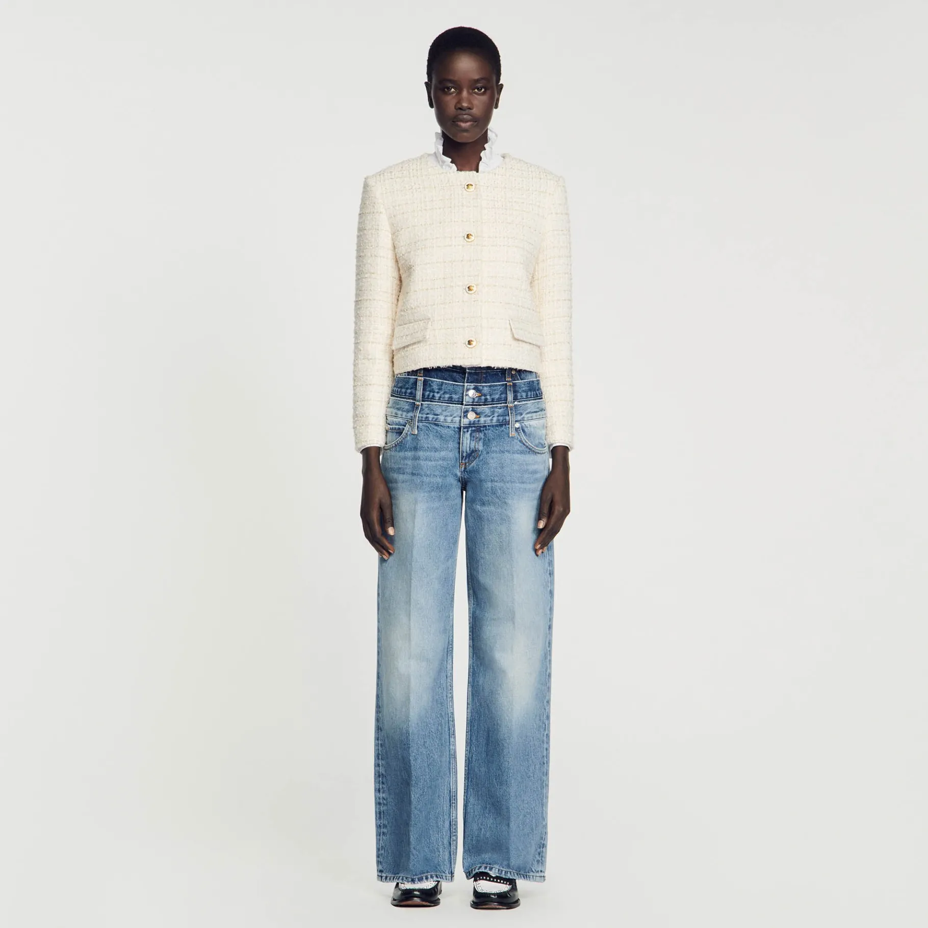 Shop SANDRO Veste En Tweed Ecru / Or